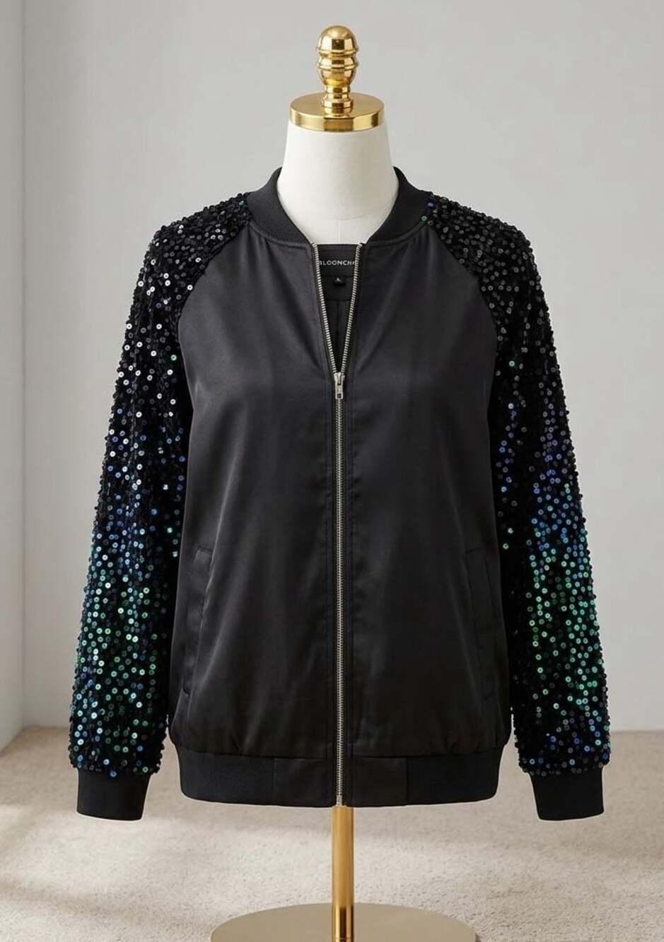 BloomChic Black Sequin Bomber Jacket Colorful Sleeve Accents, Size US 10 medium
